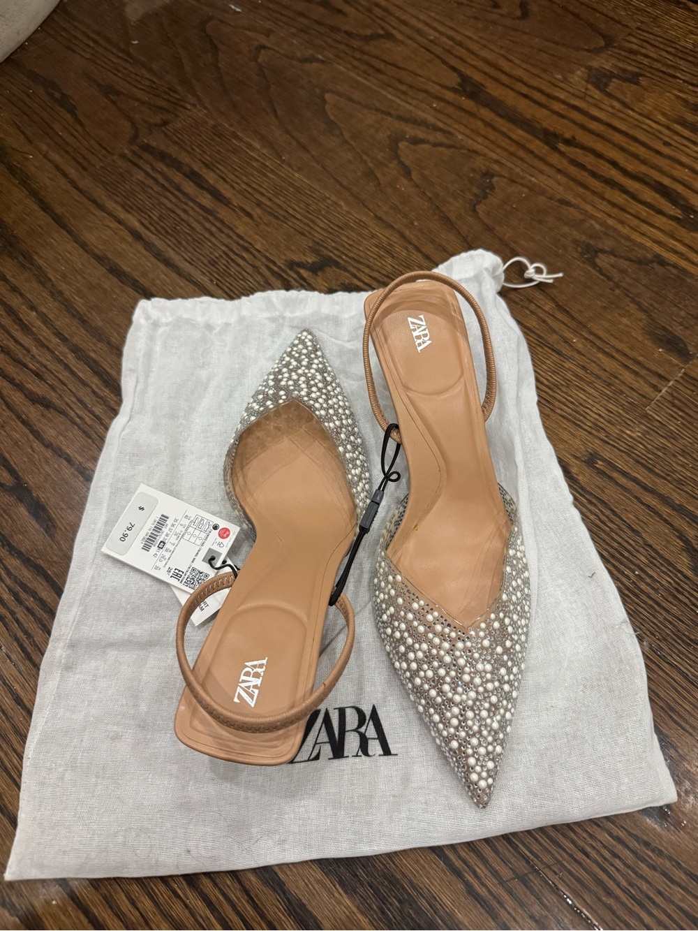 Zara Pearl-Embellished Pointed Slingback Pump - brand new/never worn, with tags